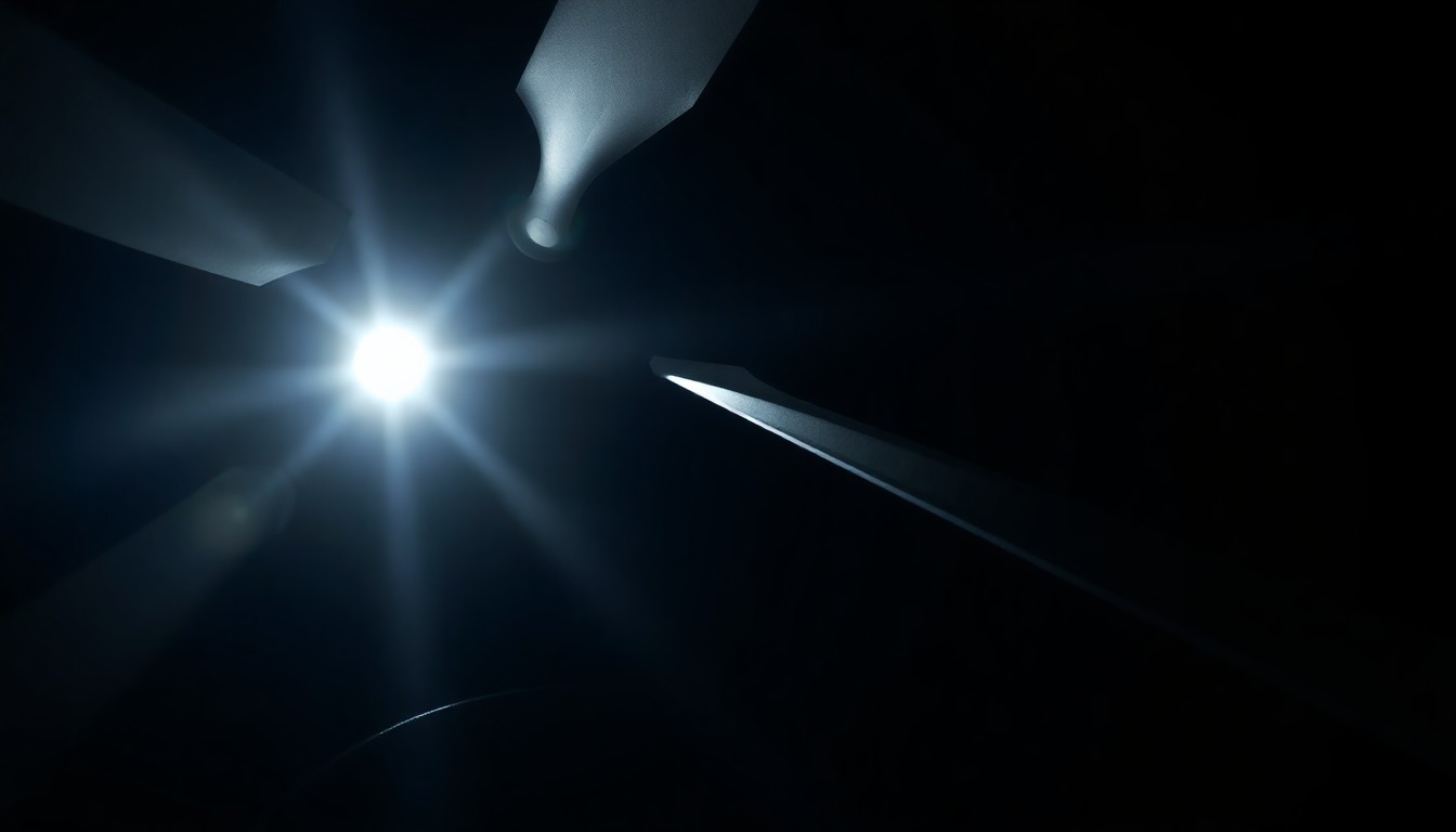An extreme close-up photograph of a military helicopter rotor blade, lit by a harsh, direct camera flash against a pitch-black background, creating a stark, gritty, investigative aesthetic.