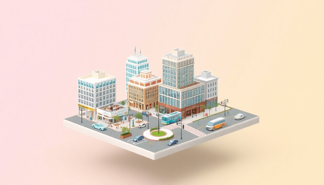 A miniature, stylized 3D digital illustration depicting a future vision of Nicollet Mall in downtown Minneapolis, featuring a variety of new mixed-use buildings, public spaces, and transportation modes, capturing the energy and diversity of the reinvented street.