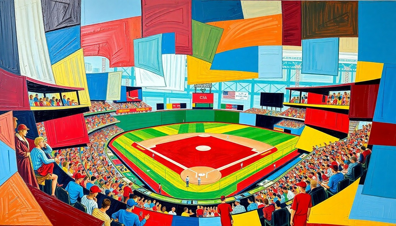 A cubist, geometric painting depicting a baseball game, with overlapping planes of color and shape representing the dynamic action on the field.