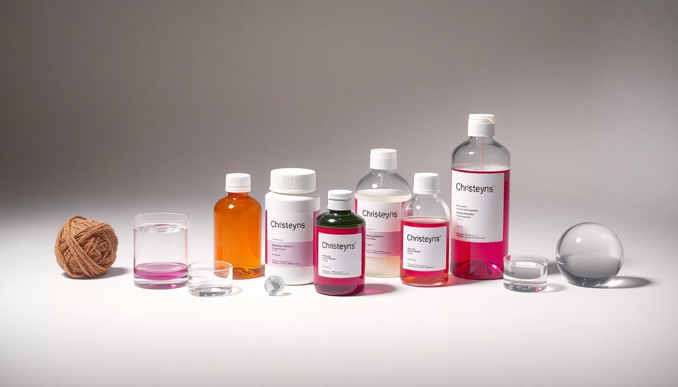 A high-end, photorealistic studio still-life photograph featuring a selection of Christeyns' chemical products arranged elegantly on a clean, monochromatic seamless background, conceptually representing the company's focus on quality, innovation, and precision.