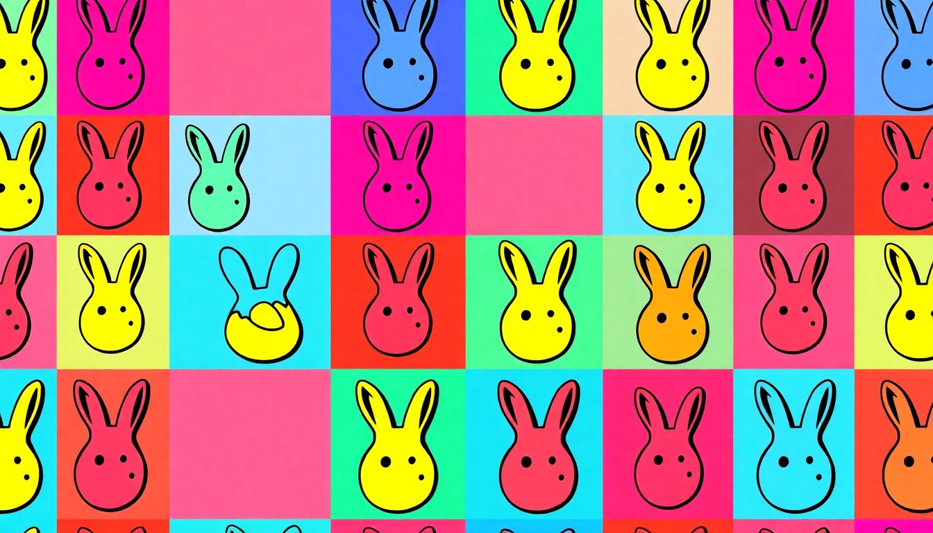 A high-contrast, silkscreen-style illustration featuring a repeating grid of an iconic Easter-themed object, such as a deviled egg or bunny-shaped pastry, rendered in a bold, neon color palette with heavy black outlines, capturing the festive energy of the holiday.