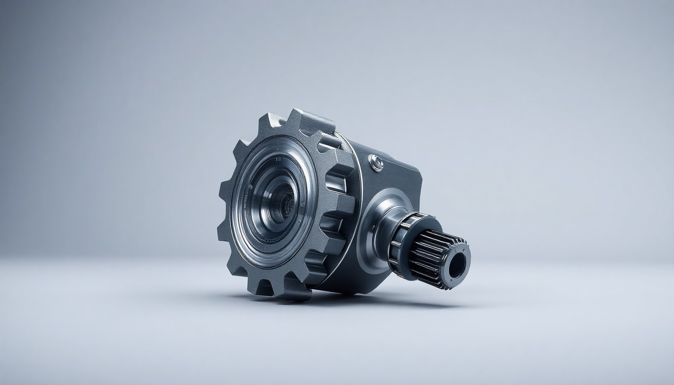 A highly detailed, photorealistic studio photograph of a polished, chrome-plated construction equipment part, such as a gear or hydraulic component, arranged elegantly on a clean, monochromatic background, conveying the precision and quality of JCB's manufacturing.