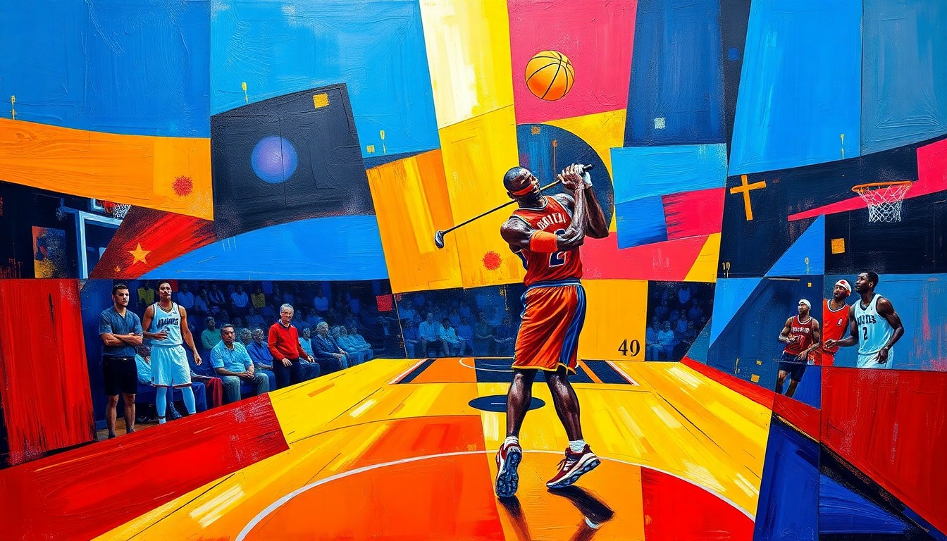 A cubist, geometric painting depicting a basketball game or LeBron James playing golf, with sharp, overlapping planes of vibrant colors like blue, red, and yellow, conveying the energy and movement of the sport.