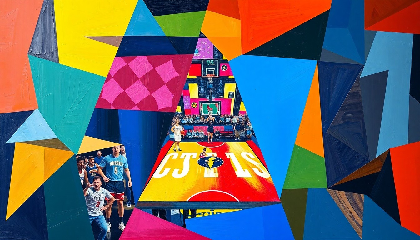 A dynamic, cubist-inspired painting featuring fragmented geometric shapes in the official colors of the four Final Four teams, conceptually representing the competitive energy and strategic complexity of the upcoming college basketball tournament games.
