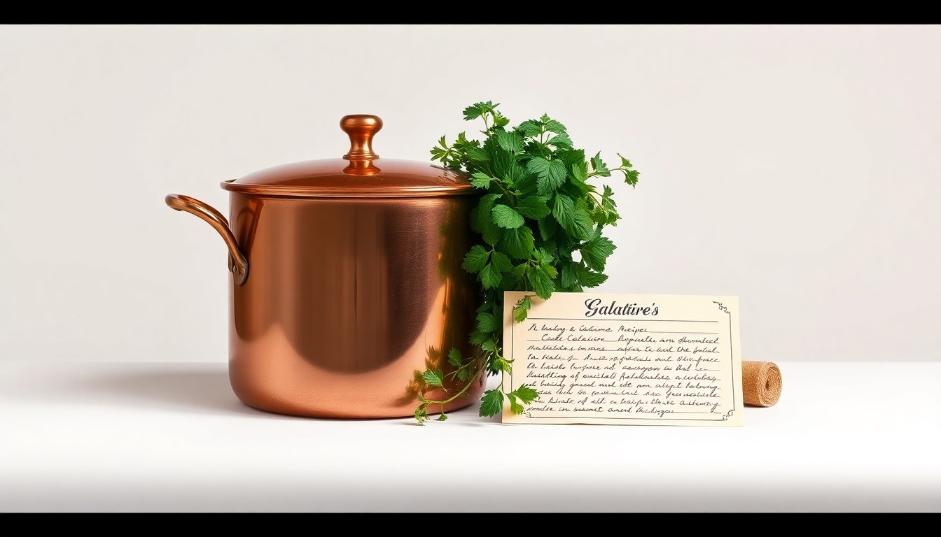 A high-end, photorealistic studio still-life photograph featuring a polished copper pot, a fresh bouquet of herbs, and a handwritten recipe card, symbolizing the culinary excellence and heritage of Galatoire's Restaurant.
