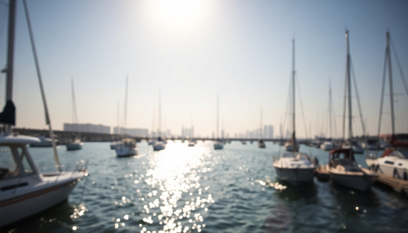 An abstract, impressionistic photograph of a sun-dappled marina, with boats gently rocking in the water and the distant skyline visible through the hazy light, capturing the tranquil and inviting atmosphere of the reopened waterfront destination.