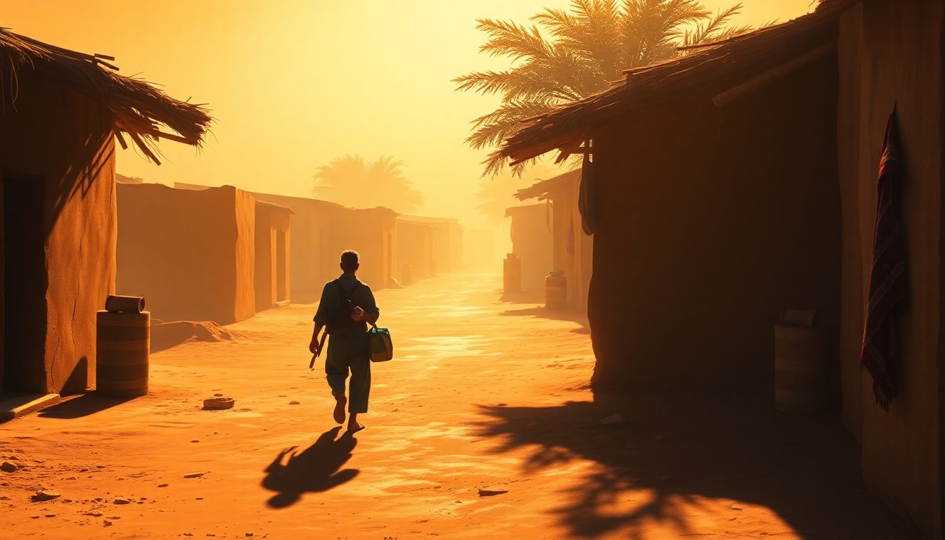 A cinematic painting depicting a solitary aid worker carrying supplies through a sun-drenched Sudanese village, with warm lighting and deep shadows conveying the difficulties of humanitarian work in the region.