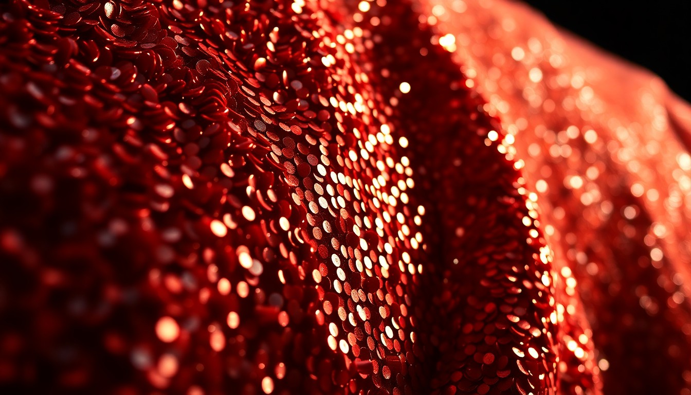 An extreme close-up photograph of shimmering, glittering sequins under dramatic studio lighting, conceptually representing the glamour and luxury of a celebrity's home.