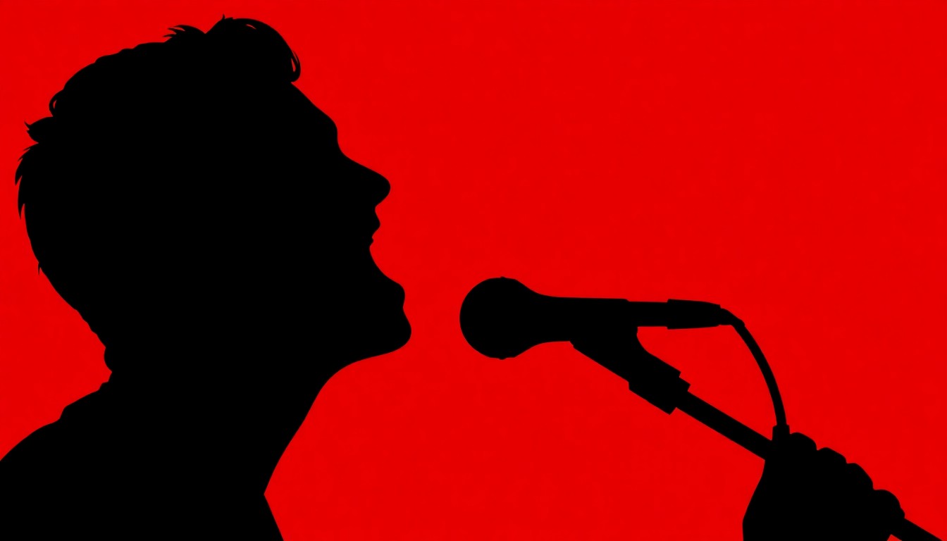 A dramatic black silhouette of a singer's head and shoulders against a vibrant red background, conveying the excitement and energy of a musical competition.