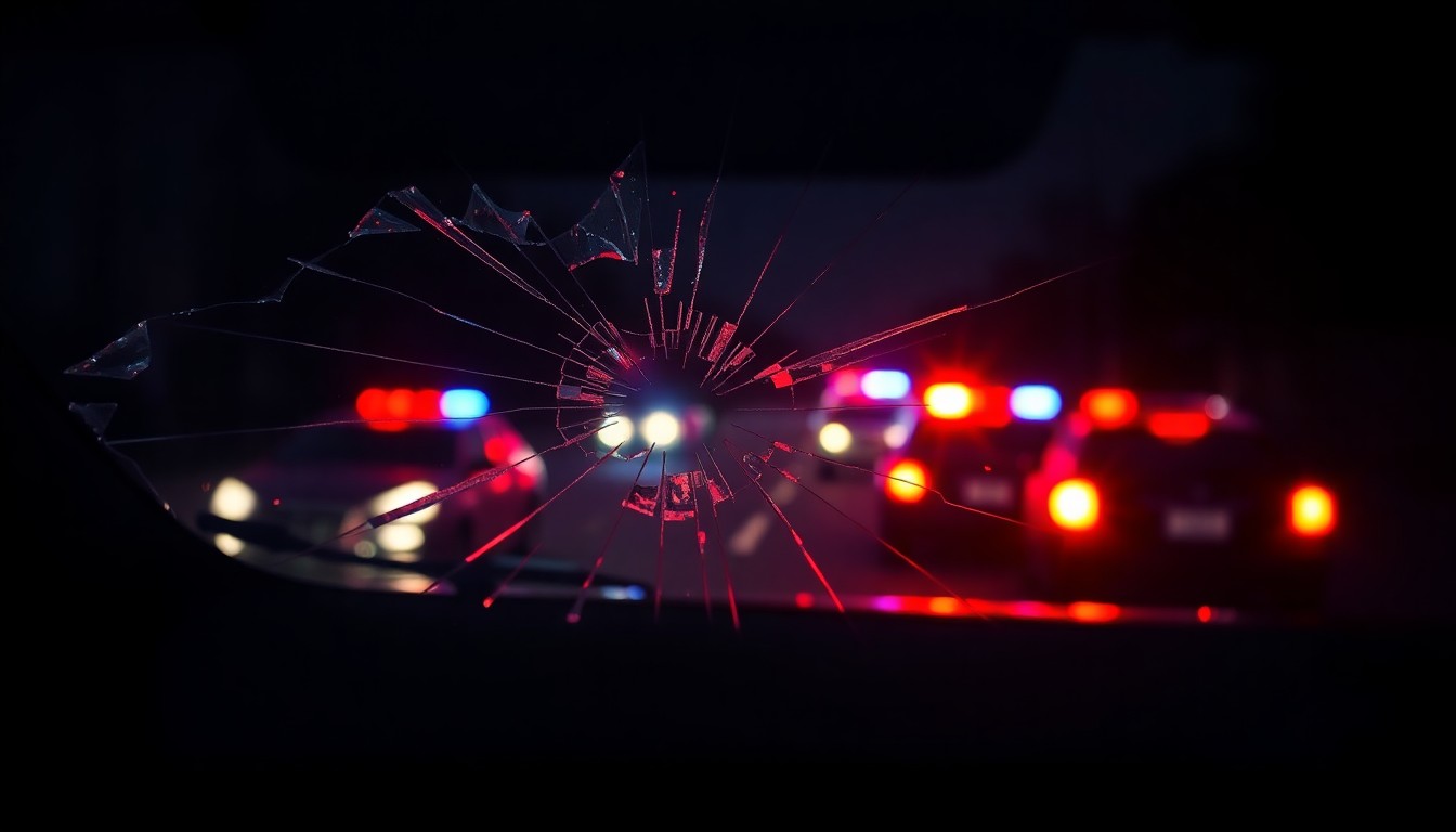 An extreme close-up of a shattered car windshield reflecting the dramatic, high-contrast red and blue lights of police vehicles, conceptually representing the tension and unrest surrounding the federal immigration crackdown in Minneapolis.