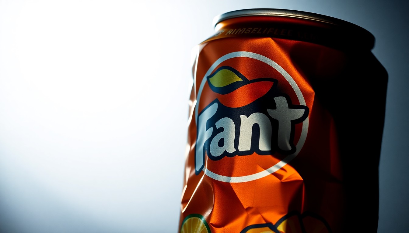 An extreme close-up photograph of a crumpled, metallic Fanta pineapple can with the Halo Master Chief character prominently displayed, using dramatic studio lighting to create a glamorous, high-fashion aesthetic.