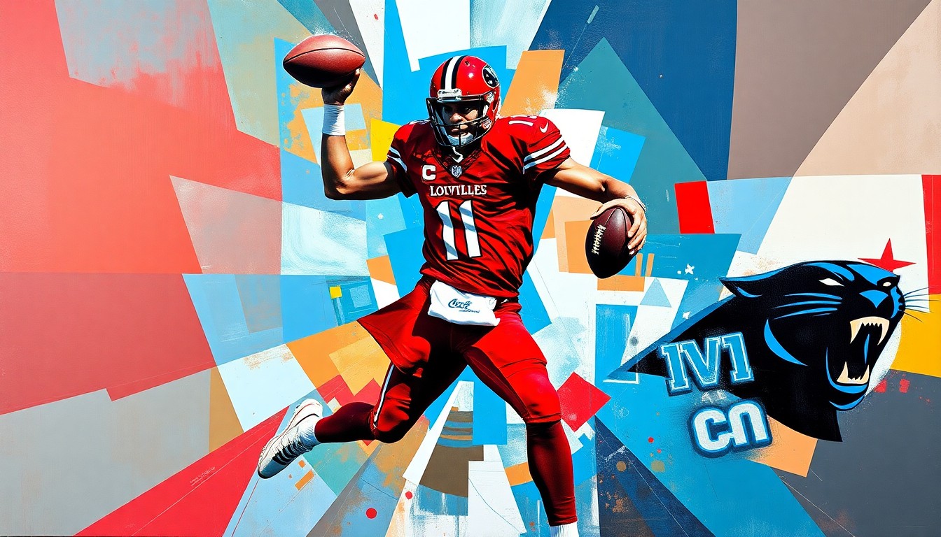 A fragmented, cubist-style painting depicting a football player in mid-throw motion, with sharp planes of color representing the University of Louisville and Carolina Panthers team colors.