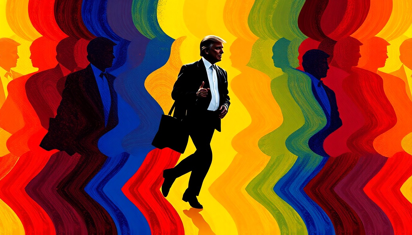 A dynamic, abstract painting featuring the fragmented silhouette of a politician in motion, repeated in overlapping geometric shapes and vibrant colors, conceptually representing the divide between elected officials and their constituents during the government shutdown crisis.