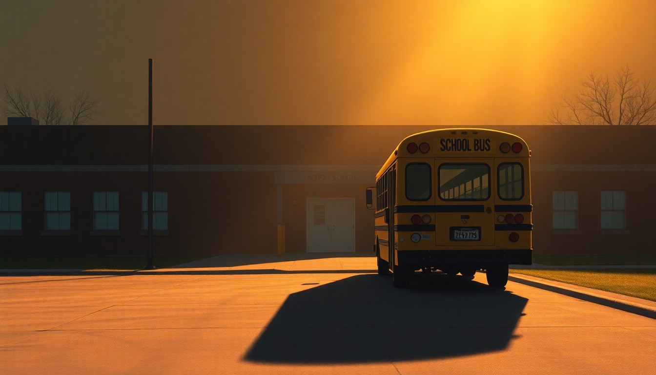 A serene, nostalgic painting of a school bus parked outside an elementary school, with warm sunlight and deep shadows creating a contemplative mood.