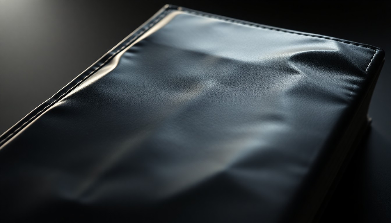 An extreme close-up of a crumpled, shiny black leather book cover, the dramatic lighting creating a sense of glamour and intrigue around the publishing of a new sports-themed mystery novel.