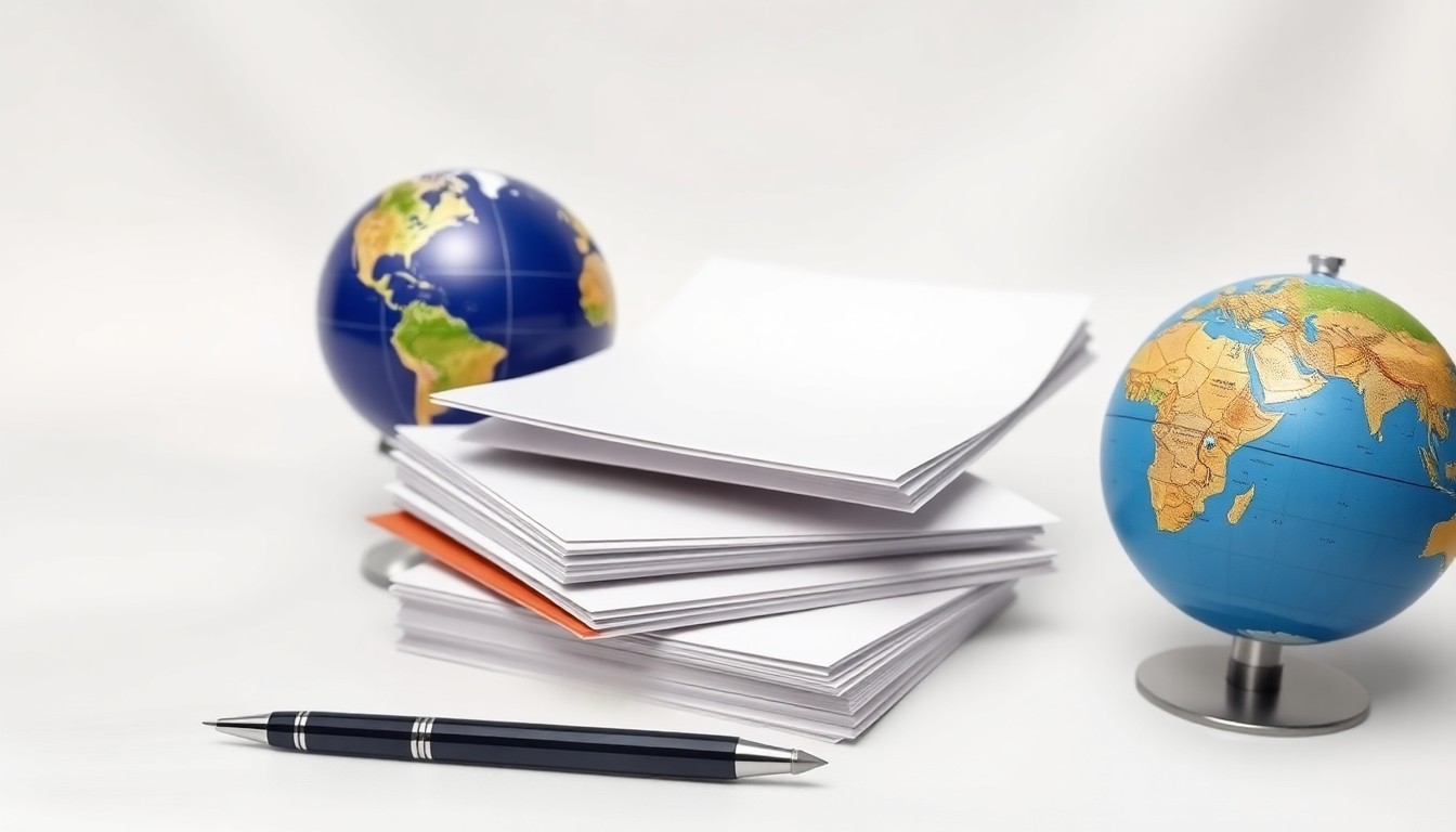 A high-end, photorealistic studio still-life photograph featuring a stack of business documents, a pen, and a globe, arranged elegantly on a clean, white seamless background, conceptually representing Cornerstone Relocation Group's global reach and attention to detail.