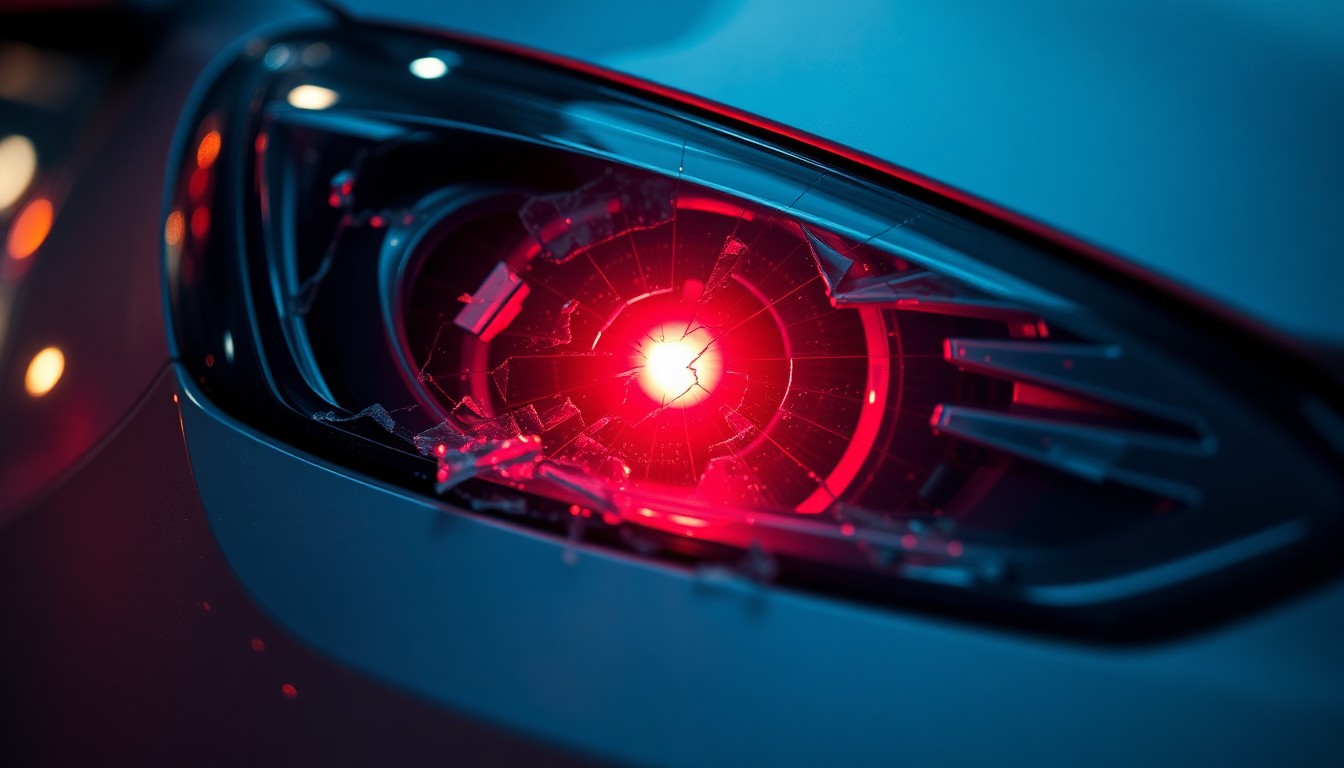 An extreme close-up of a shattered car sensor lens reflecting a faint red light, conceptually illustrating the vandalism of self-driving cars.