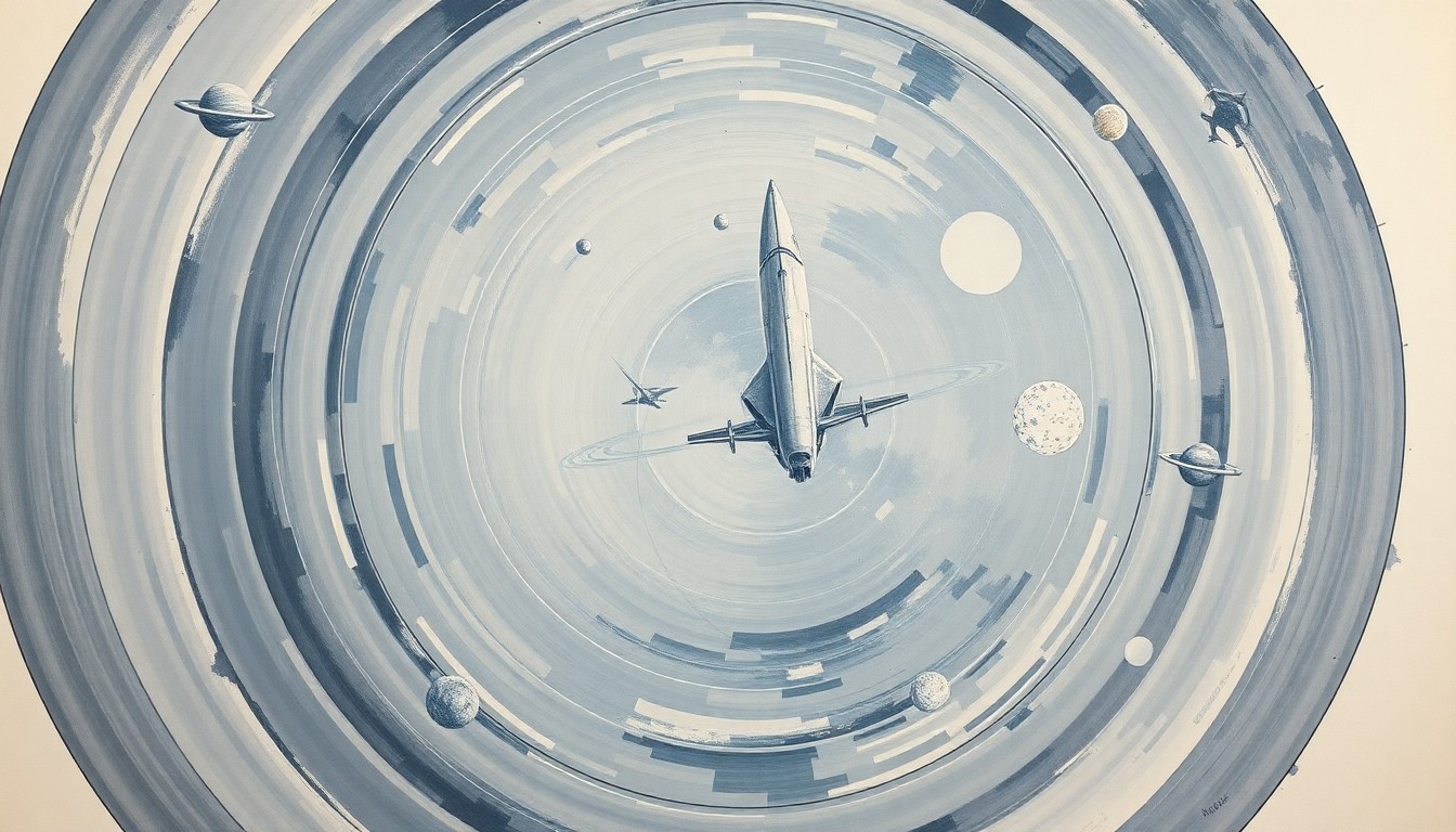 A bold, abstract painting in muted tones of blue, green, and orange, featuring sweeping geometric arcs and concentric circles that suggest the complex orbital mechanics and trajectories of the Artemis II mission to the moon.