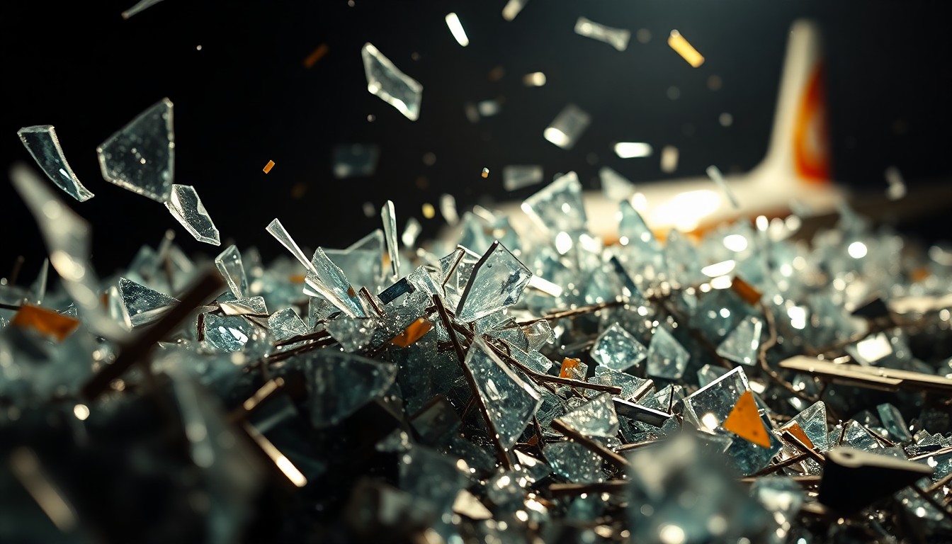 An abstract close-up image of shattered glass and twisted metal from an airplane crash, captured in dramatic high-contrast lighting to convey a sense of fragility and chaos.