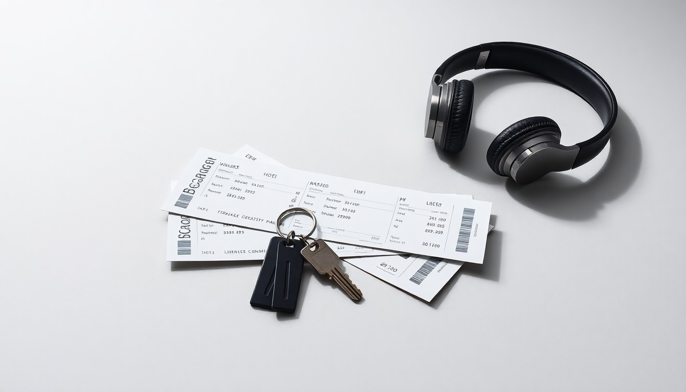 A minimalist studio photograph featuring a stack of airline boarding passes, hotel room keys, and noise-cancelling headphones arranged elegantly on a clean, monochromatic background, symbolizing the abstract challenges of travel disruption management.