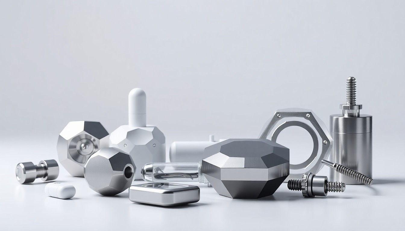 A photorealistic studio still-life featuring a collection of sleek, geometric objects in polished metal and glass, arranged to symbolize the convergence of pharmaceutical and medical device technologies required of modern CDMOs.