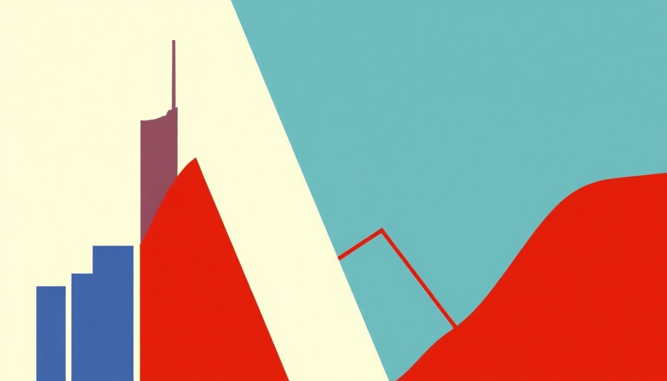 A geometric abstract illustration using bold shapes and primary colors to represent the decline in the Chicago business barometer index.