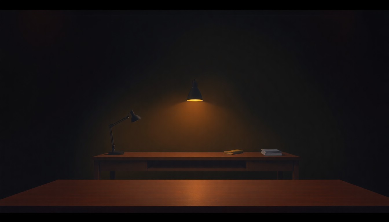 A quiet, cinematic painting of an empty newsroom desk bathed in warm, diagonal sunlight and deep shadows, conceptually representing the serious duty of journalism.