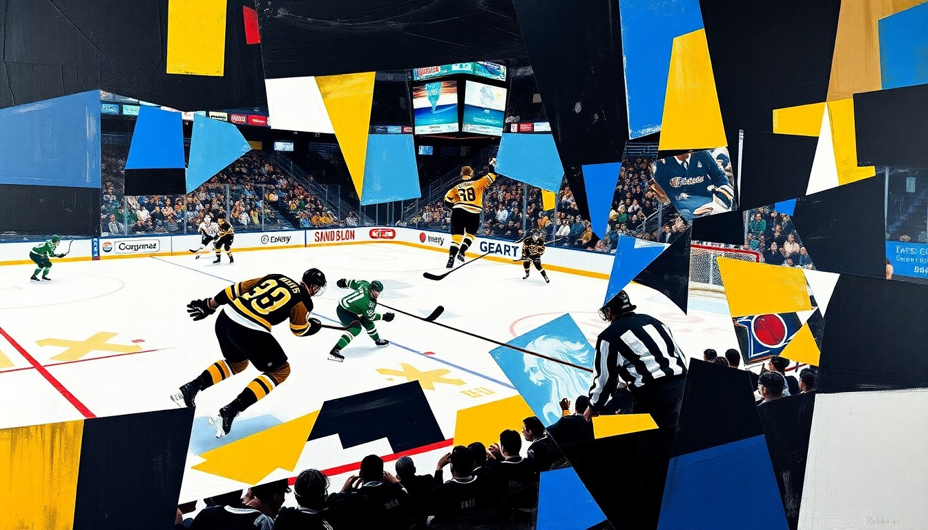 A fragmented, multi-angled painting depicting the action and energy of a hockey game between the Boston Bruins and Dallas Stars, with sharp geometric shapes and planes in a bold color palette.