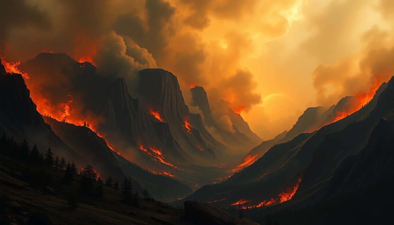 A sweeping, atmospheric landscape painting depicting a massive wildfire raging across a vast, desolate terrain, the flames and smoke dwarfing any visible structures or firefighting equipment.