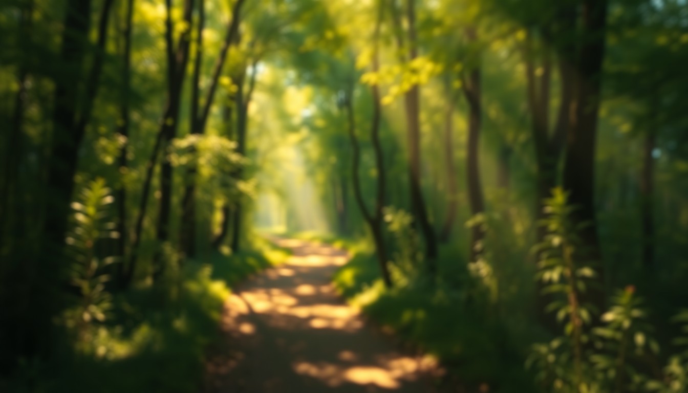 An abstract, impressionistic photograph of a sun-dappled forest path, with soft, blurred edges and warm, vibrant colors creating a dreamlike, atmospheric scene that evokes the natural beauty of the preserved land.