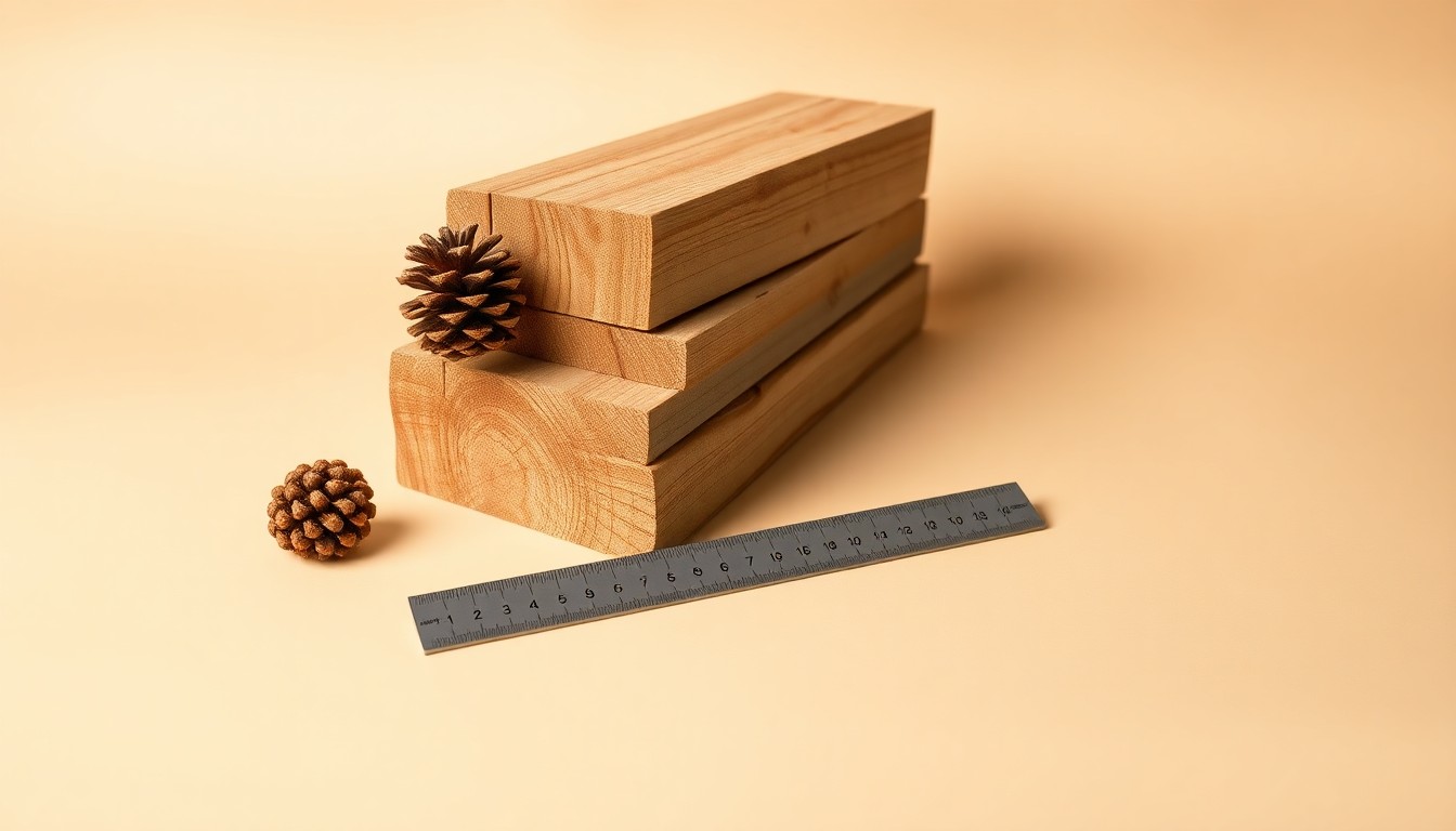 A photorealistic studio still life featuring a stack of freshly cut timber planks, a single pine cone, and a small metal ruler arranged elegantly on a clean, monochromatic background, symbolizing the timber industry's focus on raw materials, precision, and strategy.