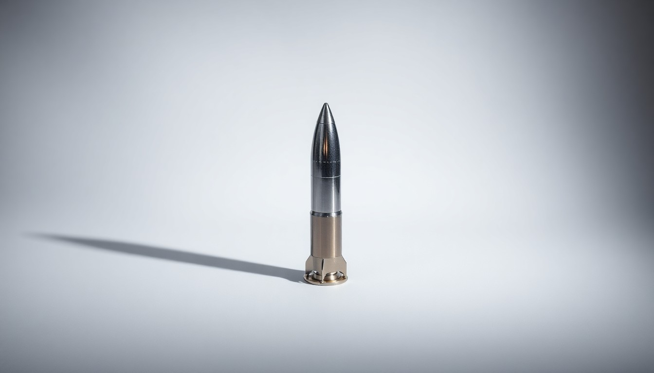 A photorealistic studio still-life image of a polished metal model of a satellite or missile component, placed on a clean, monochromatic background and dramatically lit to showcase the precision and technical sophistication of L3Harris Technologies' products.