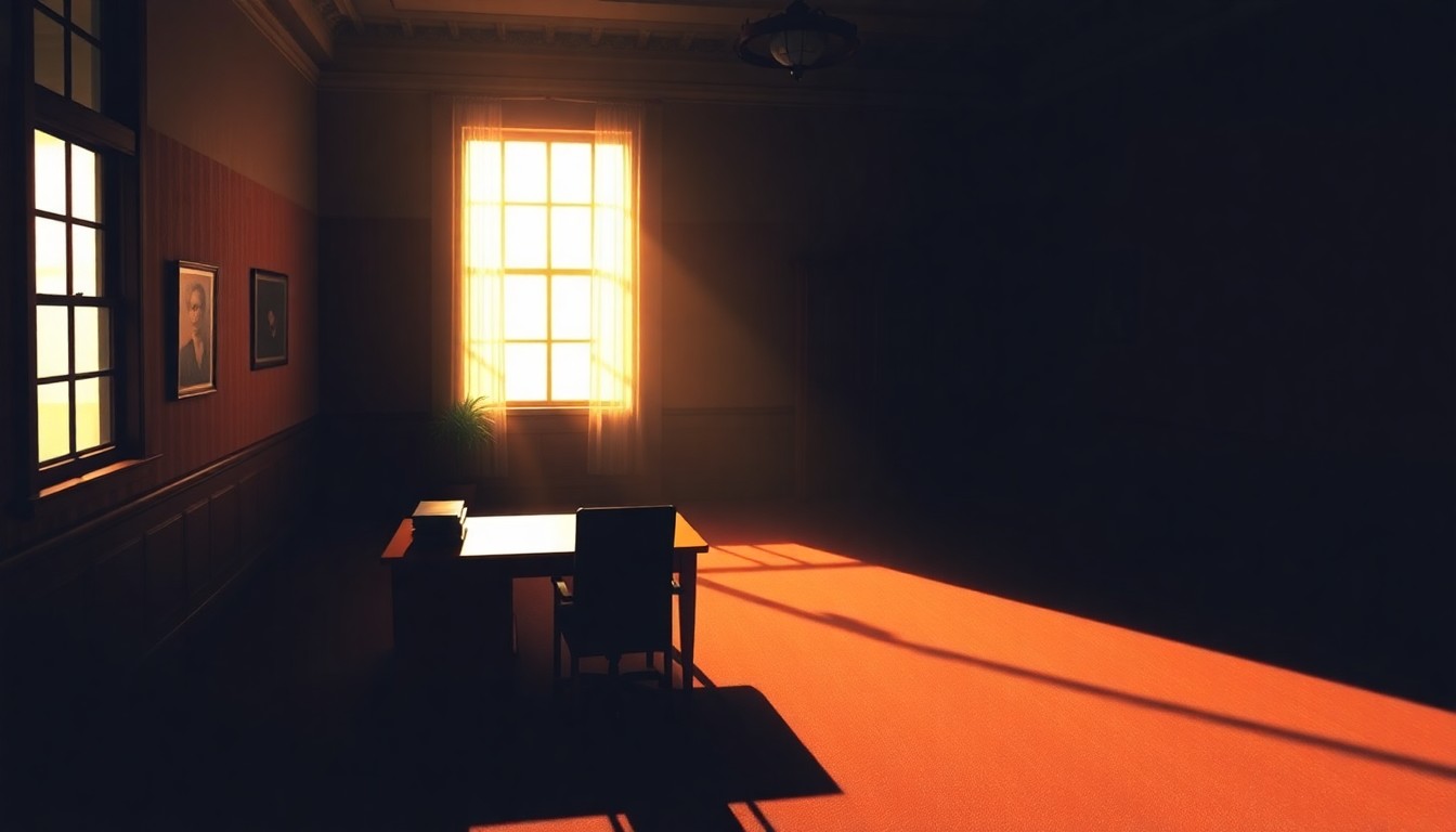 A softly lit, cinematic painting of a solitary government office interior, with a lone desk and chair bathed in warm, diagonal sunlight and deep shadows, conceptually representing the need for transparency and ethical conduct at the highest levels of the U.S. defense establishment.