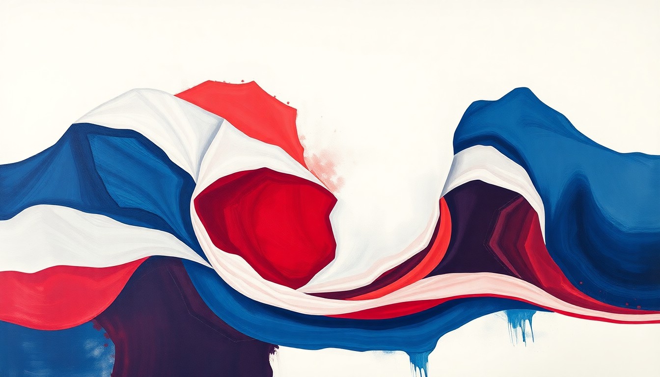 An avant-garde painting featuring overlapping, geometric shapes in red, white, and blue, conveying a sense of motion and fragmentation to represent the partisan debate over immigration policy.