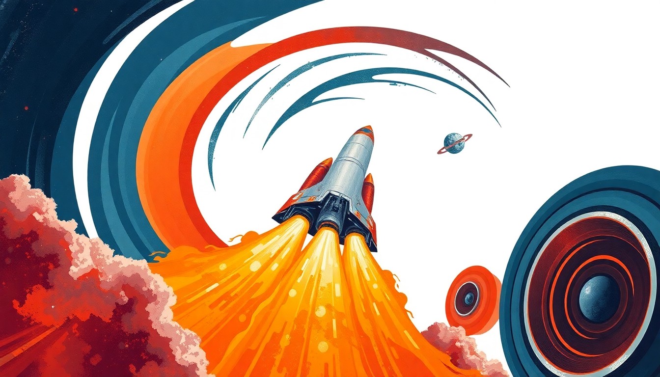 A bold, abstract painting featuring sweeping geometric arcs, concentric circles, and precise botanical spirals in deep blues, fiery oranges, and metallic greys, conceptually representing the powerful rocket engines and spacecraft propelling humanity back to the Moon.