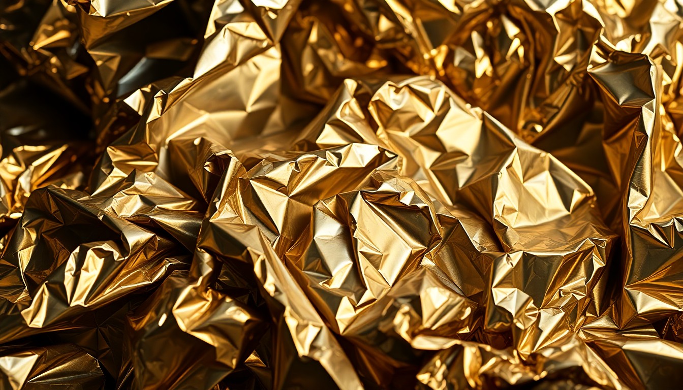 An abstract close-up photograph of shimmering, crumpled metallic foil in a variety of warm, metallic tones, creating a visually striking and glamorous texture that evokes the production values and spectacle of late-night television.