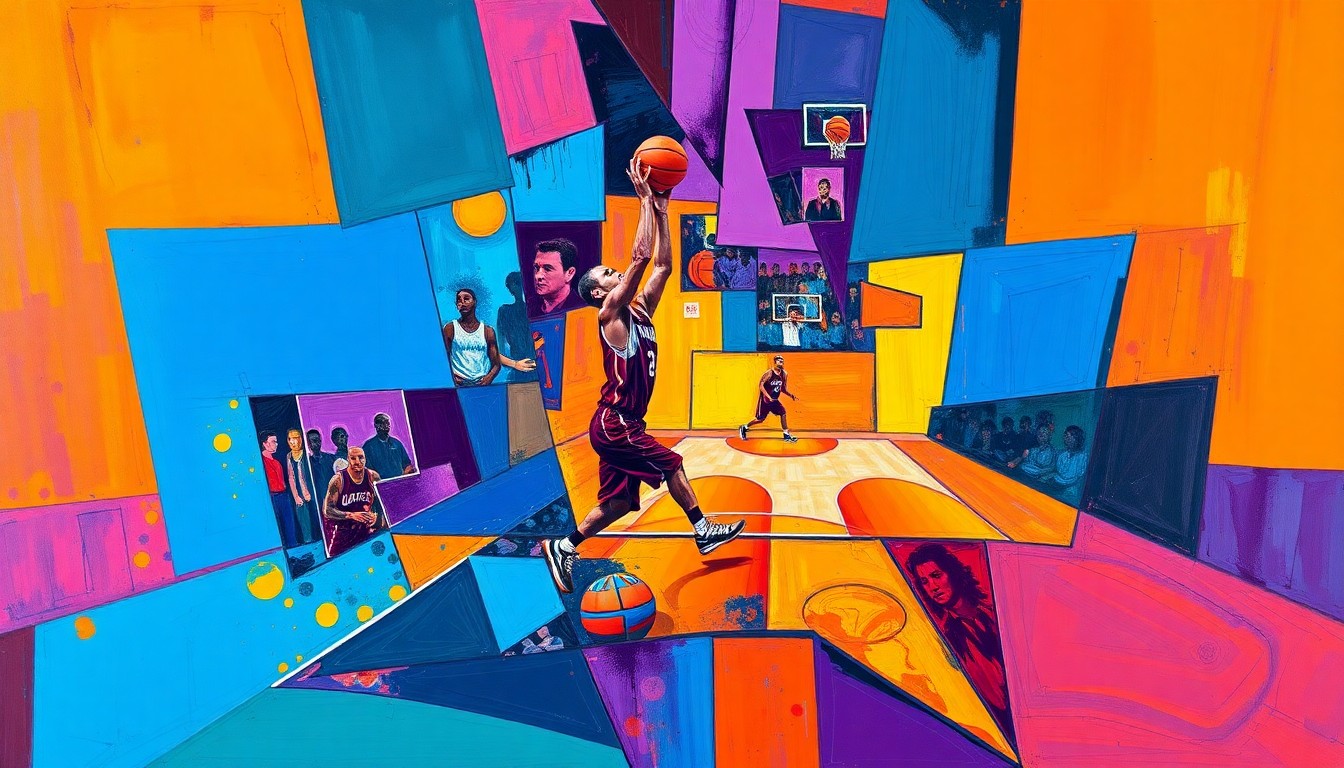 A fragmented, geometric painting depicting a basketball game or match, with the 7-foot-9 Olivier Rioux's figure prominently featured in sharp, overlapping planes of vibrant colors like electric blue, fiery orange, and deep purple.