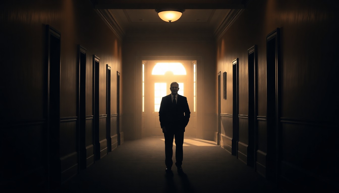 A cinematic, shadowy painting of a solitary figure in a dimly lit government building hallway, with warm sunlight streaming in through a window, conceptually representing the potential for diplomatic progress amid lingering tensions.