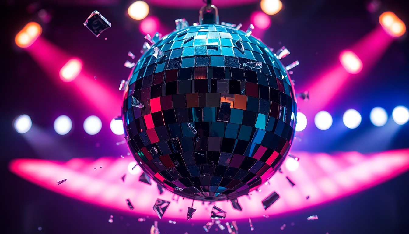 An abstract close-up image of shattered, glittering glass reflecting bright stage lights, conveying the glamour and energy of a major concert event.