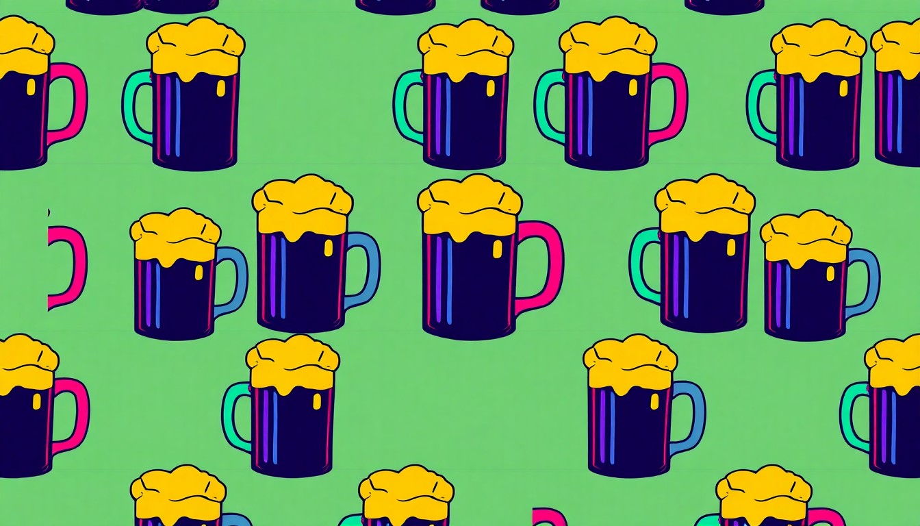 A brightly colored, high-contrast silkscreen print of a beer mug icon repeated in a tight grid pattern, rendered in vibrant neon hues with heavy black outlines in the style of Andy Warhol's pop art, conceptually representing the proposed changes to alcohol policies in North Royalton.