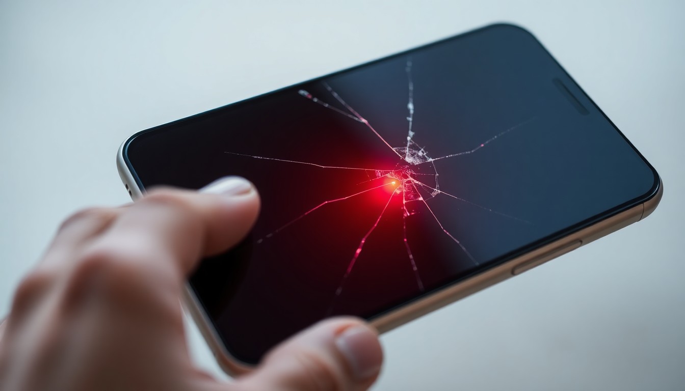 An extreme close-up photograph of a cracked smartphone screen reflecting a faint red light, conveying the serious and unsettling nature of a teacher's sexual misconduct with students.