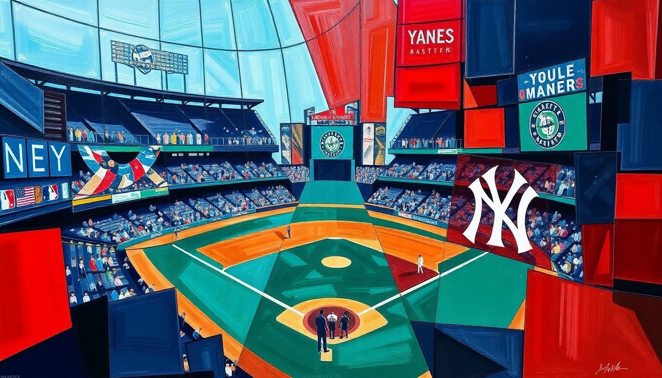 A fractured, multi-perspective painting featuring sharp, overlapping geometric planes in vibrant colors, capturing the energy and action of a baseball game between the Seattle Mariners and New York Yankees.