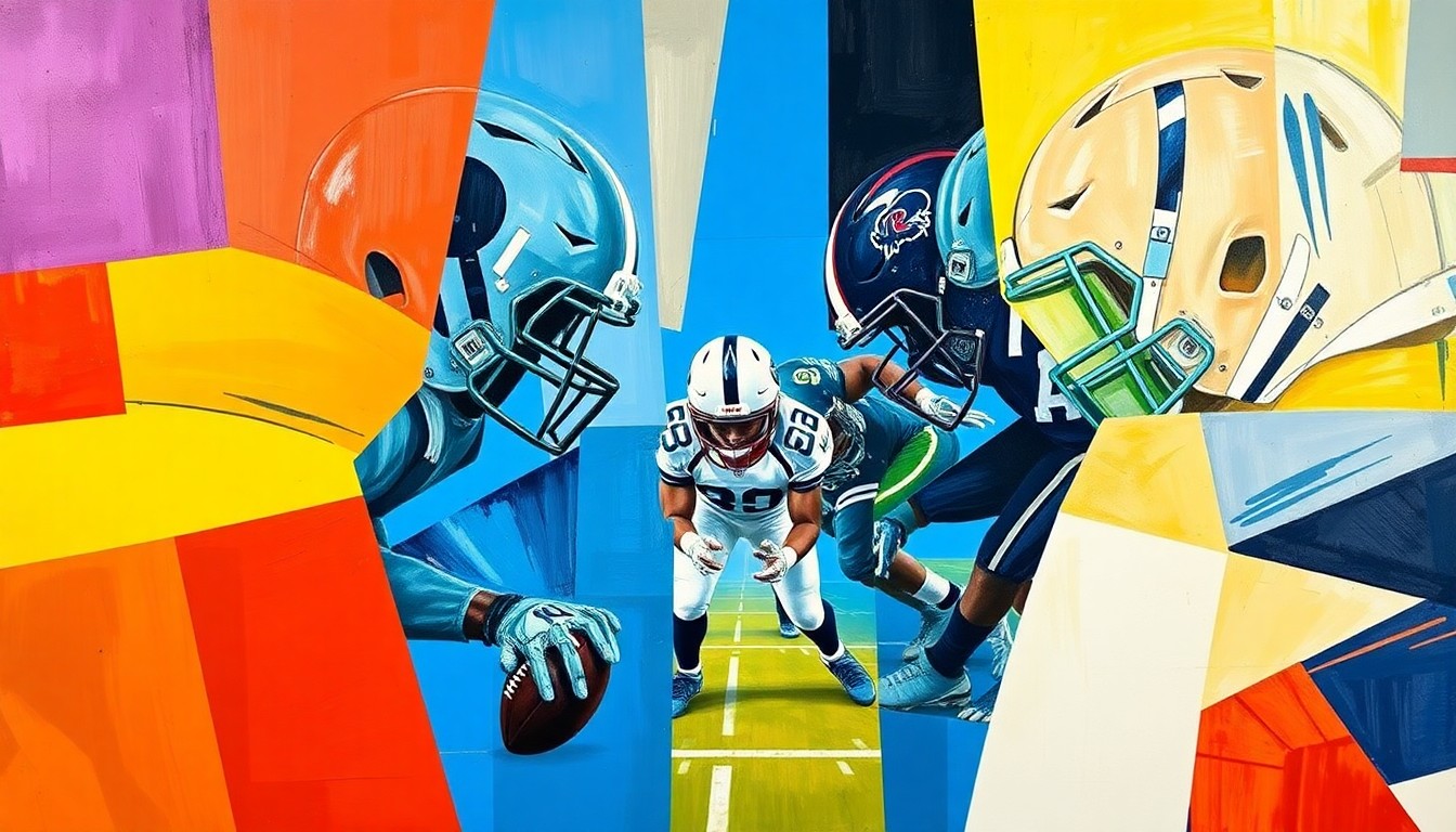 A cubist, geometric painting depicting the fragmented forms of an offensive line, capturing the power and complexity of elite college football linemen.