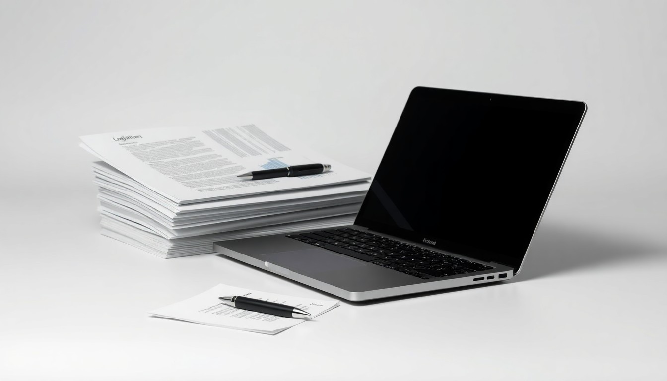 A photorealistic studio still life featuring a laptop, pen, and legal documents arranged elegantly on a clean, monochromatic background, conceptually representing the abstract corporate strategy and legal battles over trade secrets.