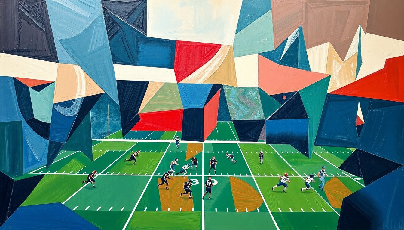 A fragmented, geometric painting depicting a high school football game, with sharp planes of navy, green, and red representing the complex dynamics between public and private schools.
