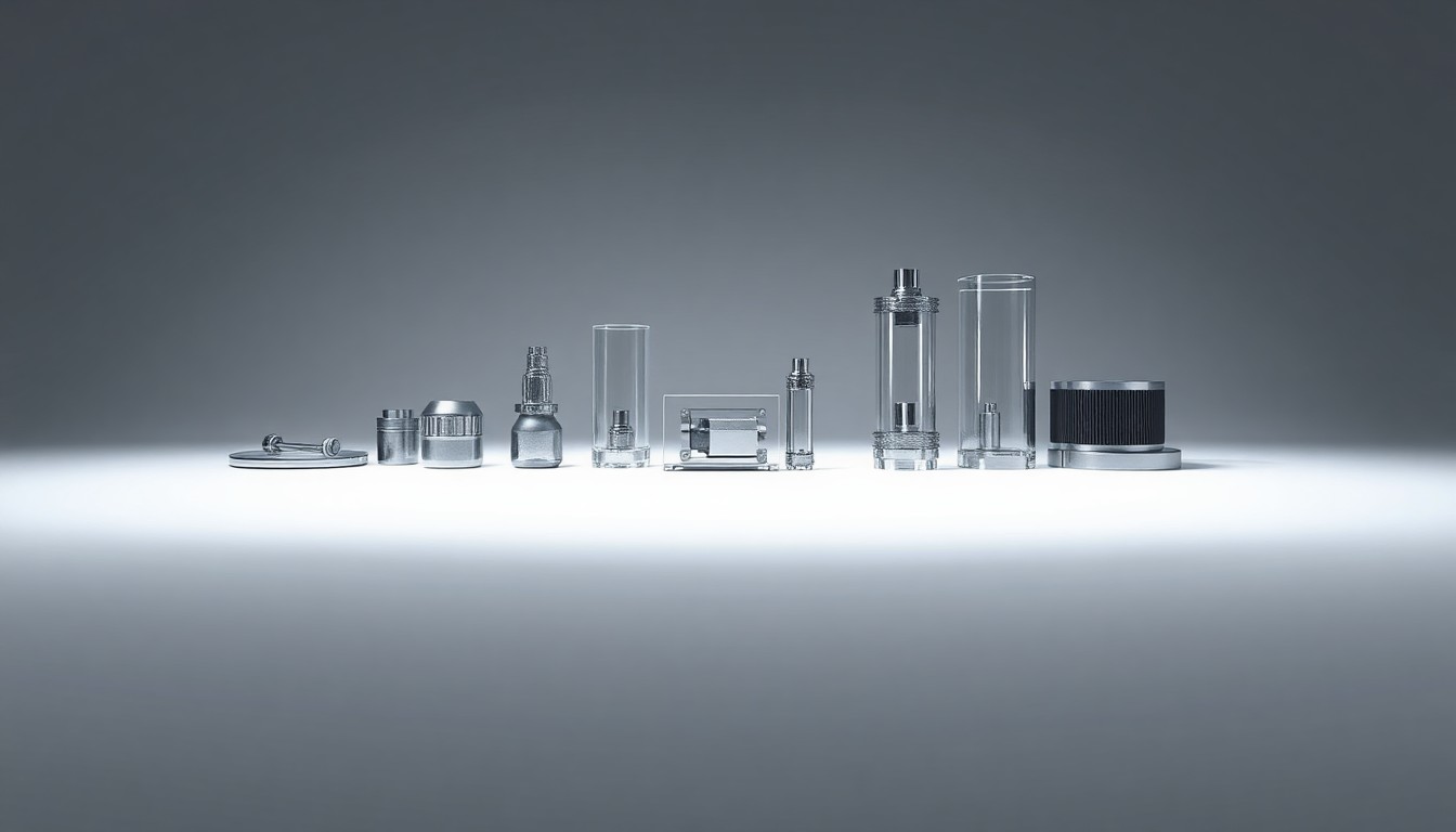 A high-end, photorealistic studio still-life photograph featuring a group of polished metal and glass objects arranged elegantly on a clean, monochromatic background, conceptually representing the advanced warehouse automation technology and supply chain efficiency.