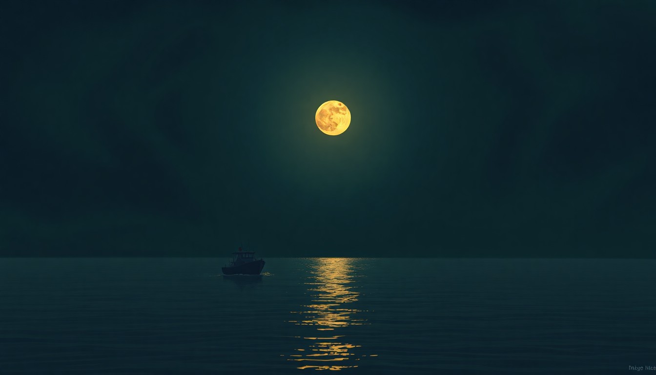 A serene, atmospheric painting of a small boat floating alone on a dark, calm sea, with warm light and deep shadows creating a pensive, melancholy mood.