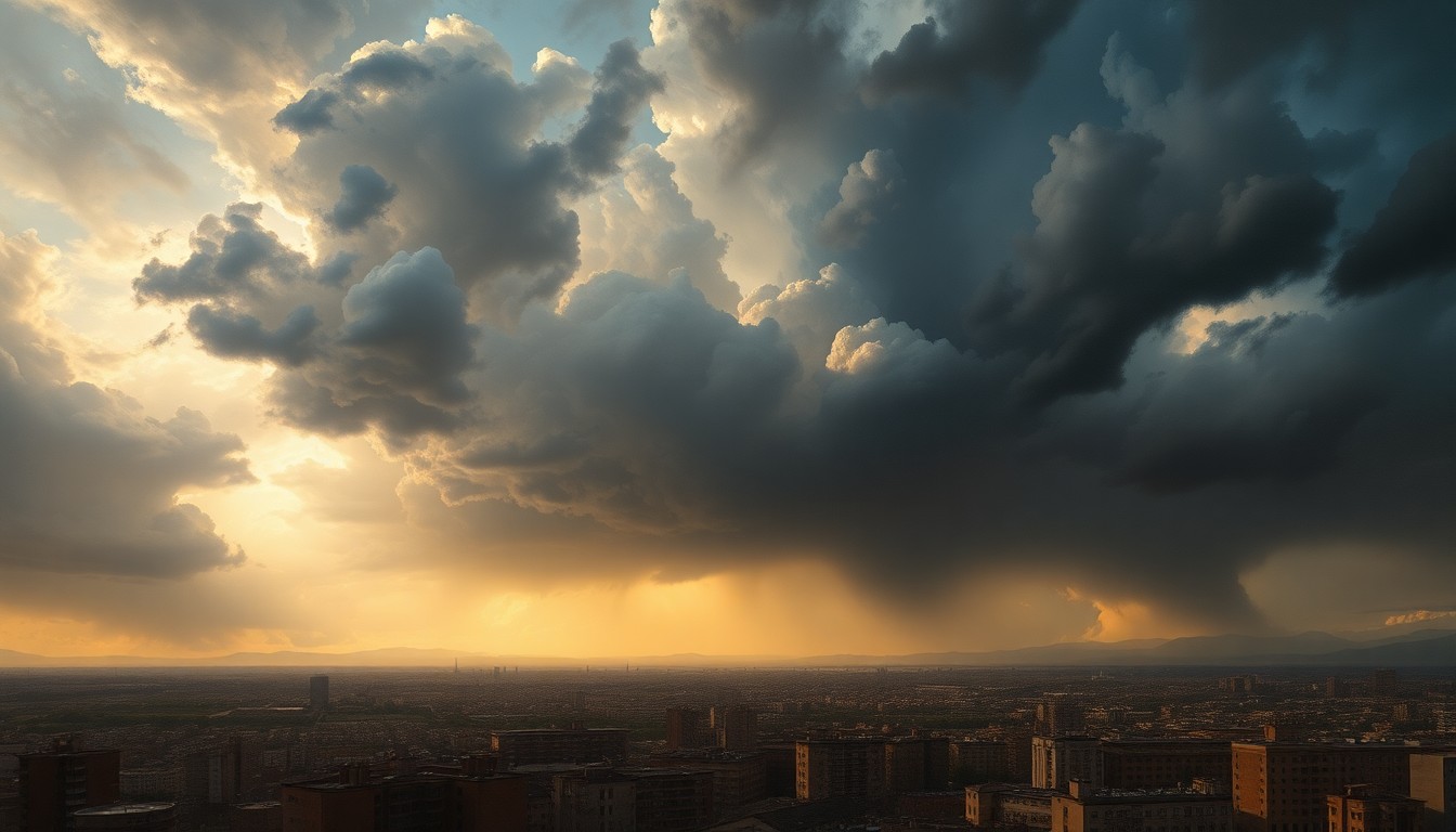 A dramatic, atmospheric landscape painting depicting a stormy sky with ominous clouds over a cityscape, conveying the overwhelming scale and power of an approaching weather system.