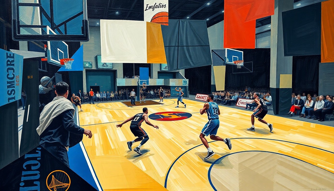 A fractured, cubist-style painting depicting the movements and energy of a basketball player on the court, with sharp geometric shapes and planes of color representing the game's action.