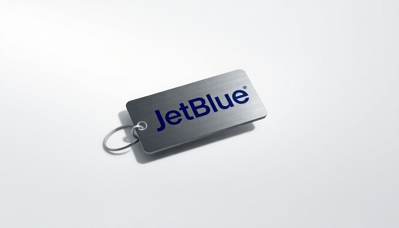 A high-end, photorealistic studio still-life photograph featuring a single, polished metal luggage tag with the JetBlue logo floating on a clean, white seamless background. The tag is illuminated by dramatic studio lighting, casting deep shadows and highlighting the premium, corporate aesthetic.